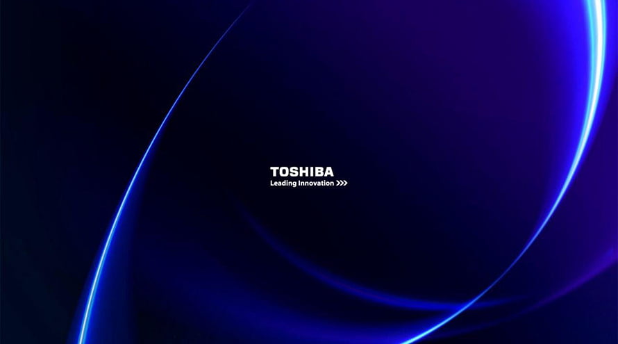 Toshiba Corporate Logo on Dark Blue Abstract Background with Glowing Light Trails HD wallpaper
