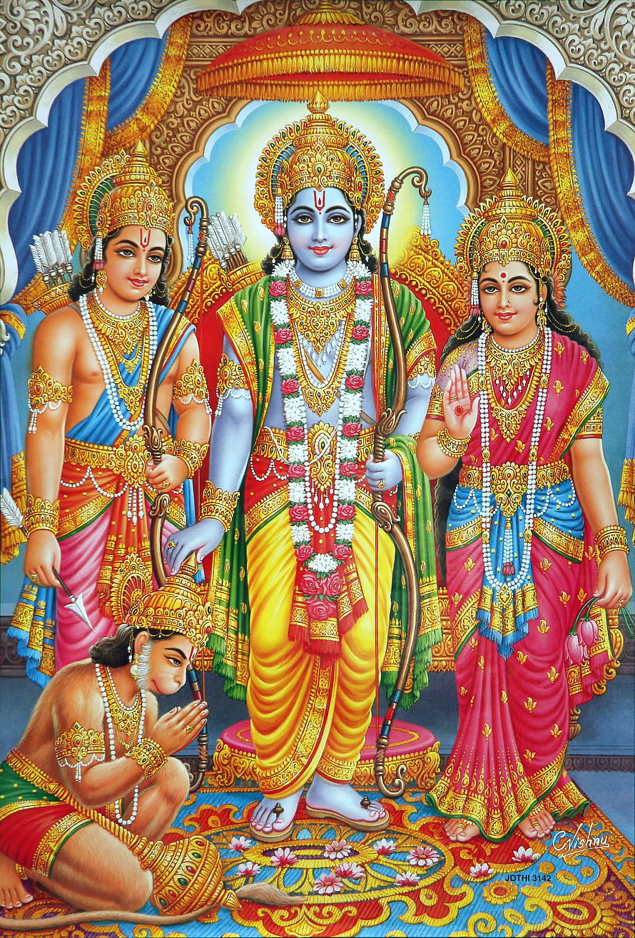 Lord Rama with Sita and Lakshmana Traditional Indian Deity Painting HD phone wallpaper