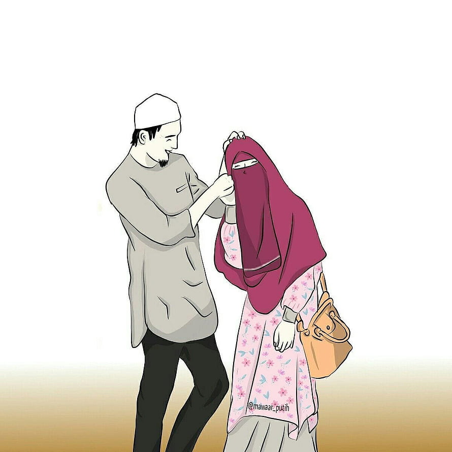 Muslim Couple Cartoon Illustration of Man Helping Woman with Hijab HD phone wallpaper