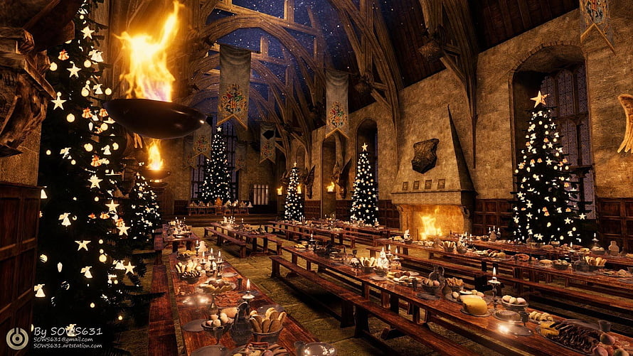 Harry Potter Great Hall Christmas Feast with Decorated Trees and Long Tables HD wallpaper