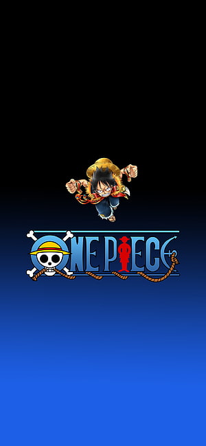 One Piece Monkey D. Luffy Jumping Pose with Official Logo on Blue Gradient Background HD phone wallpaper
