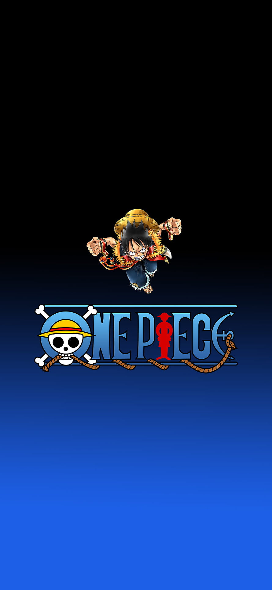 One Piece Monkey D. Luffy Jumping Pose with Official Logo on Blue Gradient Background HD phone wallpaper