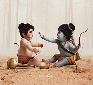 Childhood Hanuman and Krishna Playing in a Misty Forest HD wallpaper