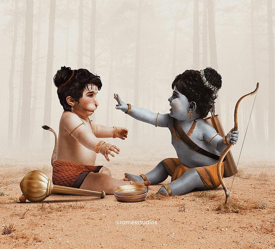 Childhood Hanuman and Krishna Playing in a Misty Forest HD wallpaper