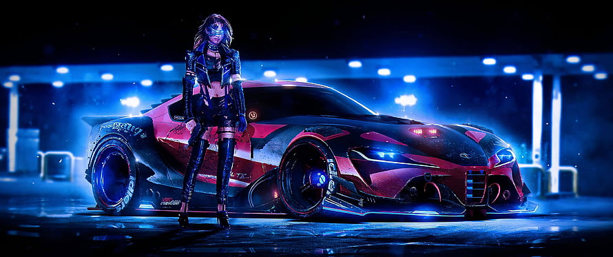 Cyberpunk Woman Standing Beside Neon Red Sports Car in Dark Garage HD wallpaper
