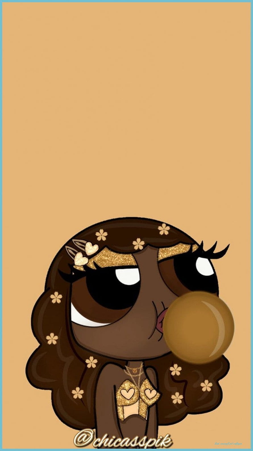 Brown-haired Powerpuff Girl blowing a bubblegum bubble with floral hair accessories and gold glitter accents HD phone wallpaper