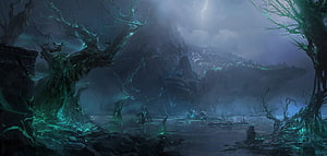 Shadow Isles Concept Art from League of Legends with Glowing Trees and Stormy Sky HD wallpaper