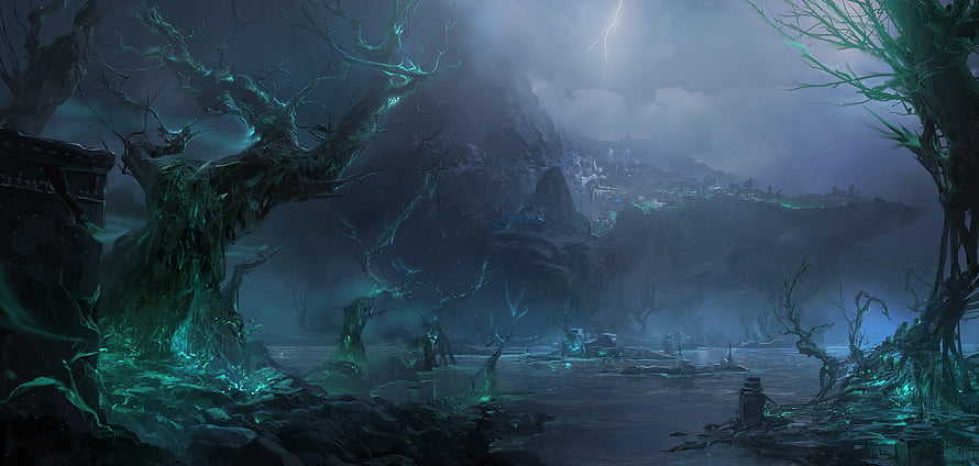 Shadow Isles Concept Art from League of Legends with Glowing Trees and Stormy Sky HD wallpaper