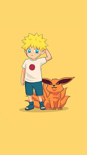 Cute Chibi Naruto and Baby Kurama Nine-Tails Fox on Yellow Background HD phone wallpaper