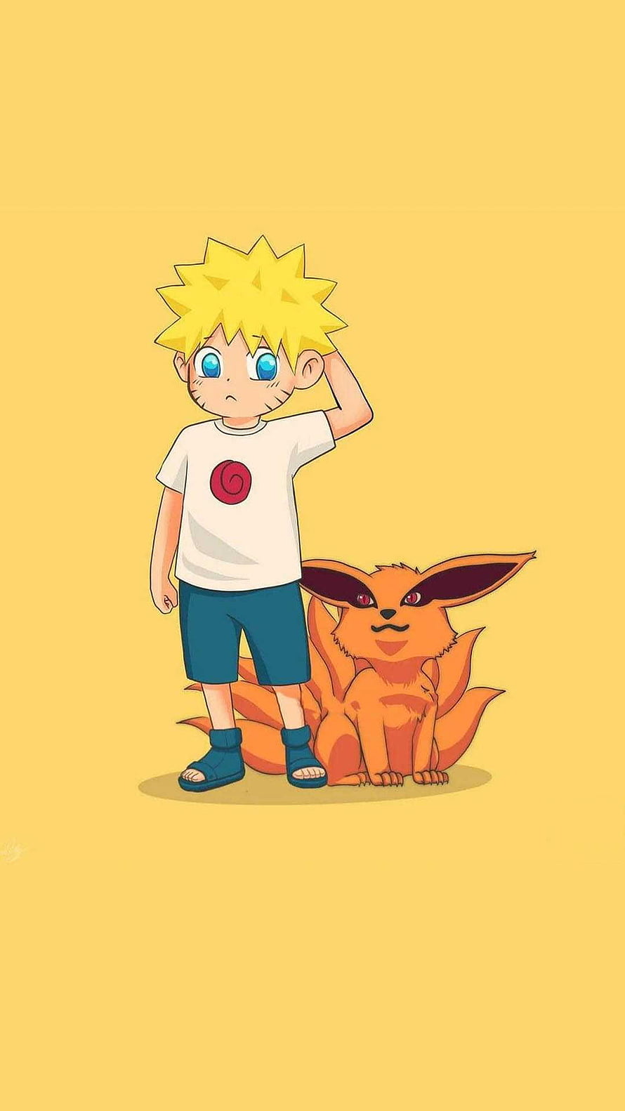 Cute Chibi Naruto and Baby Kurama Nine-Tails Fox on Yellow Background HD phone wallpaper