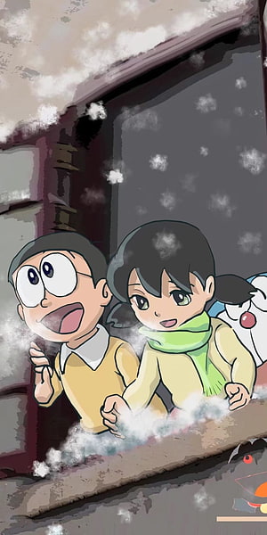Doraemon Nobita and Shizuka Enjoying Snowy Day in Winter Anime Scene HD phone wallpaper