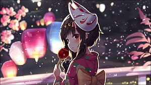 Megumin in a Fox Mask at a Nighttime Festival with Lanterns and Cherry Blossoms HD wallpaper
