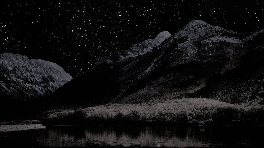 Monochrome Night Landscape with Snow-Capped Mountains and Starry Sky Over a Calm Lake HD wallpaper