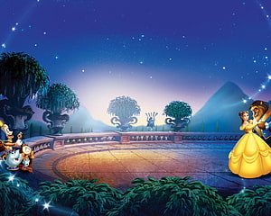 Beauty and the Beast Ballroom Dance Scene with Lumiere Cogsworth and Mrs Potts at Night HD wallpaper