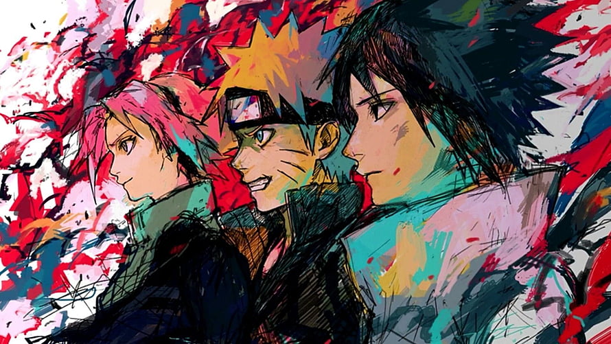 Naruto Shippuden Team 7 Anime Artwork with Sakura, Naruto, and Sasuke in Expressive Brushstroke Style HD wallpaper