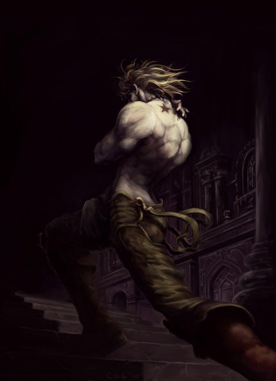 Dio Brando Dark Fantasy Illustration of a Muscular Man on Gothic Staircase HD phone wallpaper