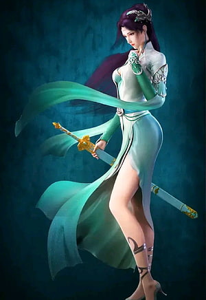 Elegant Female Warrior in Flowing Green Dress Holding Ornate Sword HD phone wallpaper