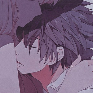 Intimate Anime Couple Embrace in Soft Purple Tones HD phone wallpaper