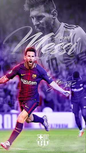 Lionel Messi FC Barcelona Celebration Wallpaper with Purple Overlay and Signature HD phone wallpaper