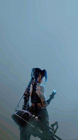 Jinx from Arcane with blue braids and tattoos holding a glowing device in a misty blue setting HD phone wallpaper