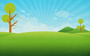 Cheerful Cartoon Landscape With Rolling Green Hills And Stylized Trees Under A Bright Blue Sky HD wallpaper