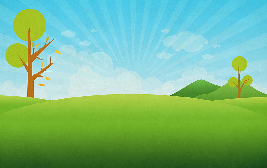 Cheerful Cartoon Landscape With Rolling Green Hills And Stylized Trees Under A Bright Blue Sky HD wallpaper