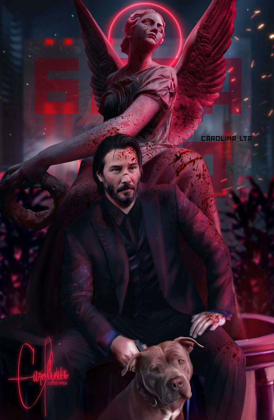 John Wick Seated With Dog Beneath Blood-Splattered Angel Statue in Dark Cinematic Style HD phone wallpaper