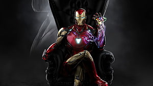 Iron Man in Mark 85 Armor Seated on Throne with Infinity Gauntlet and Arc Reactor Glow, 1920x1080 Iron Man Sitting Laptop Full , Backgrounds, and HD wallpaper