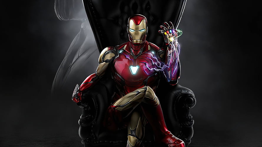 Iron Man in Mark 85 Armor Seated on Throne with Infinity Gauntlet and Arc Reactor Glow, 1920x1080 Iron Man Sitting Laptop Full , Backgrounds, and HD wallpaper