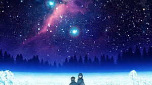 Mahou Tsukai No Yoru Anime Night Sky Wallpaper with Snowy Forest and Starry Nebula HD wallpaper