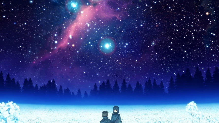 Mahou Tsukai No Yoru Anime Night Sky Wallpaper with Snowy Forest and Starry Nebula HD wallpaper