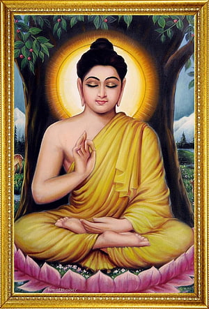 Lord Buddha Meditating Under a Tree with Golden Halo and Lotus Base HD phone wallpaper