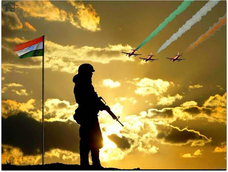 Indian soldier silhouette with national flag and tricolor smoke jets at sunset HD wallpaper