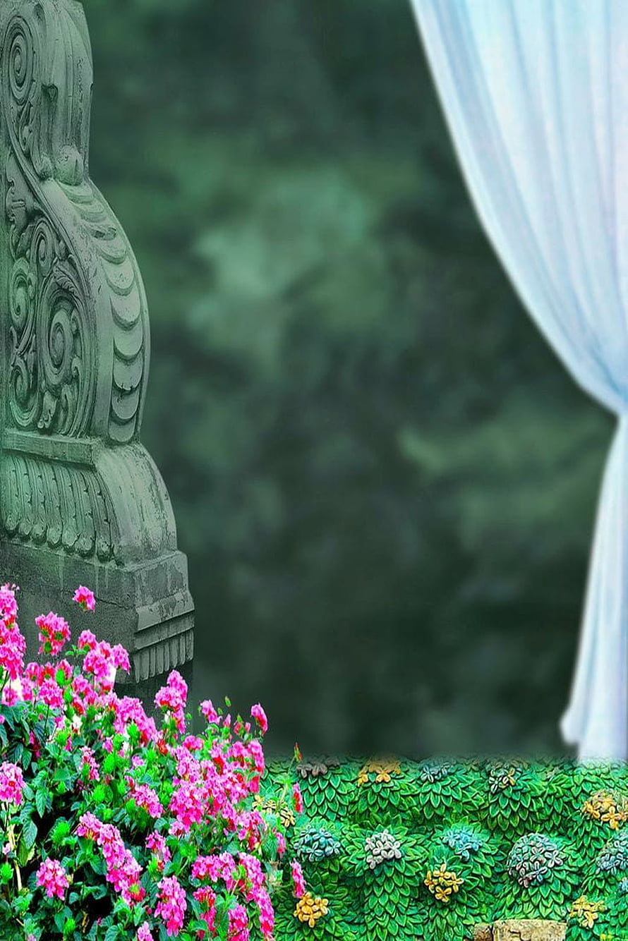 Ornate Stone Carving with Vibrant Pink Flowers and Lush Green Foliage in a Serene Garden Setting HD phone wallpaper