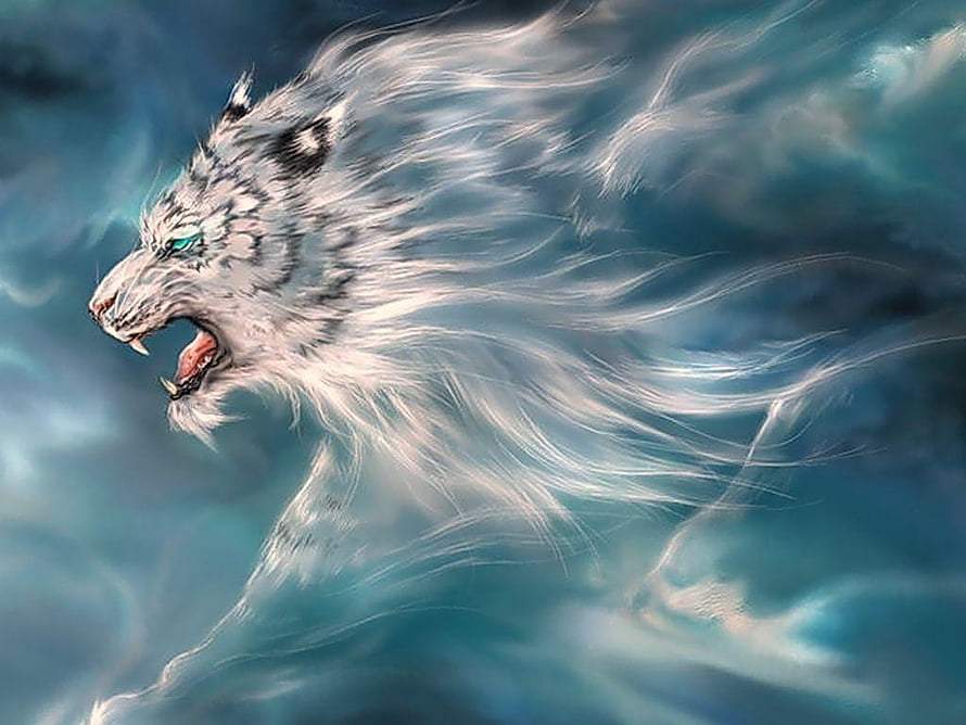Fierce White Tiger Roaring in Ethereal Mist Fantasy Digital Art HD wallpaper