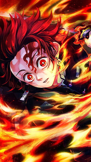 Tanjiro Kamado in Flame Breathing Mode from Demon Slayer Anime HD phone wallpaper