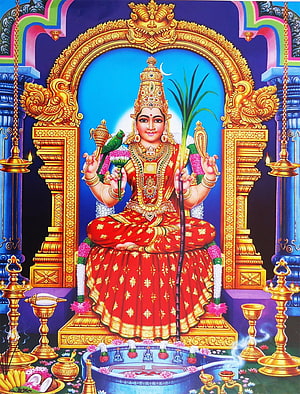 Kamakshi Amman Temple Deity Portrait in Traditional Red Attire with Golden Ornamentation, Kamatchi Amman, kamakshi HD phone wallpaper