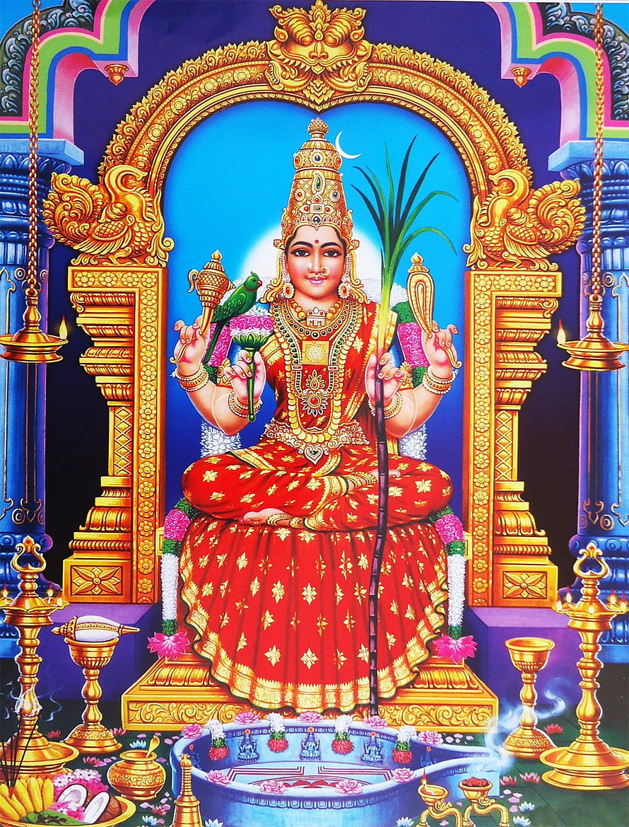 Kamakshi Amman Temple Deity Portrait in Traditional Red Attire with Golden Ornamentation, Kamatchi Amman, kamakshi HD phone wallpaper