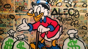Alec Mononey Scrooge McDuck Street Art Mural With Money Bags And Comic Book Background HD wallpaper