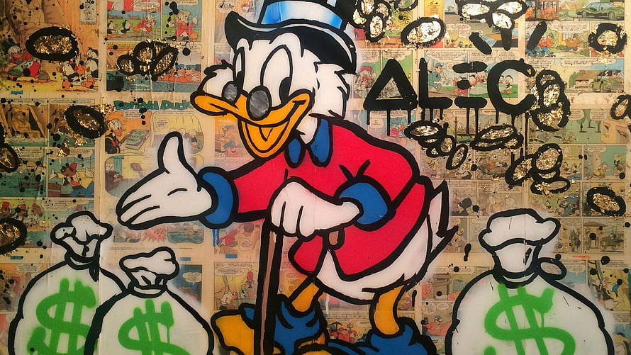 Alec Mononey Scrooge McDuck Street Art Mural With Money Bags And Comic Book Background HD wallpaper