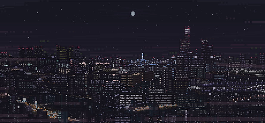 8-bit pixel art cityscape at night with illuminated skyscrapers and starry sky HD wallpaper