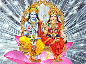 Ram and Sita Seated on a Lotus Throne with Golden Halos and Floral Garlands HD wallpaper