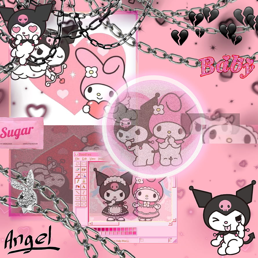 Kuromi and My Melody Sanrio Character Collage with Chains and Pink Aesthetic HD phone wallpaper