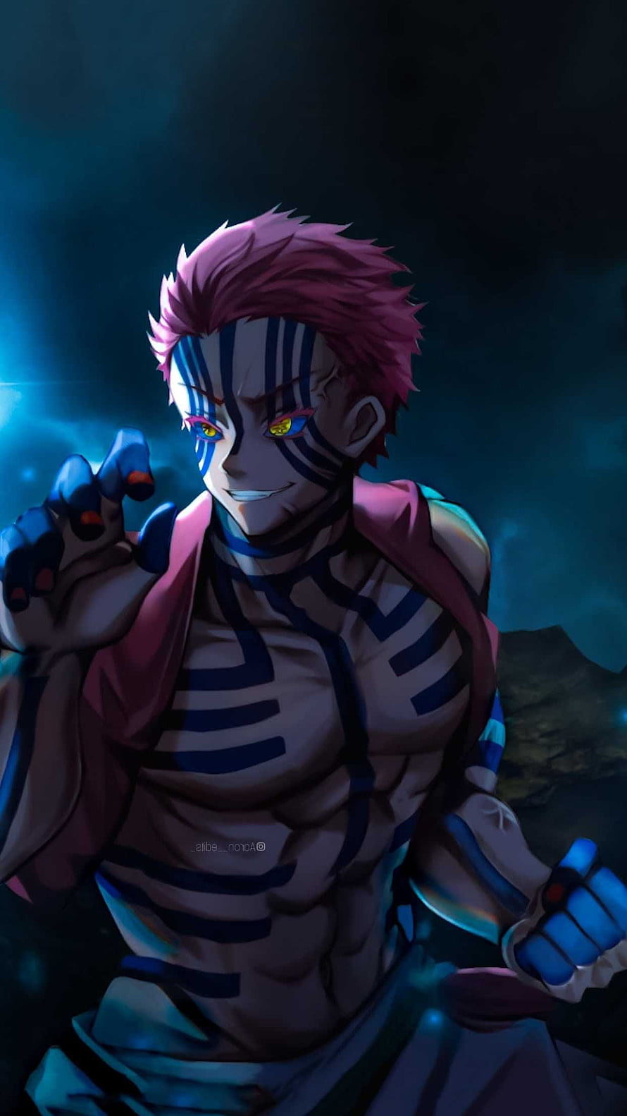 Akaza from Demon Slayer in a dramatic dark pose with glowing eyes and blue markings HD phone wallpaper