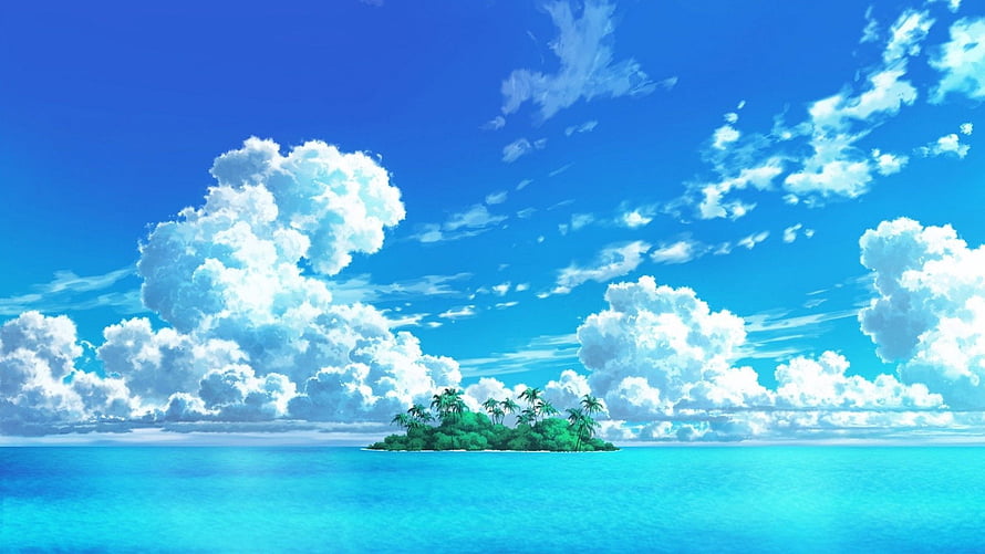 Anime Tropical Island in the Ocean Under a Bright Blue Sky with Fluffy Clouds HD wallpaper
