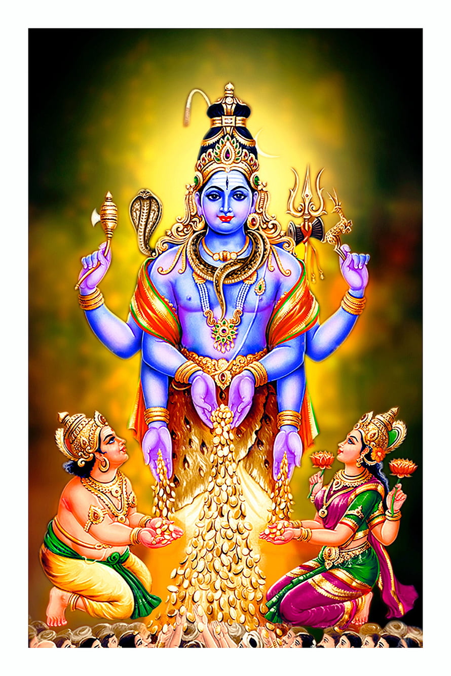Lord Shiva Distributing Gold Coins to Lakshmi and Kubera in Vibrant Indian Mythological Art HD phone wallpaper