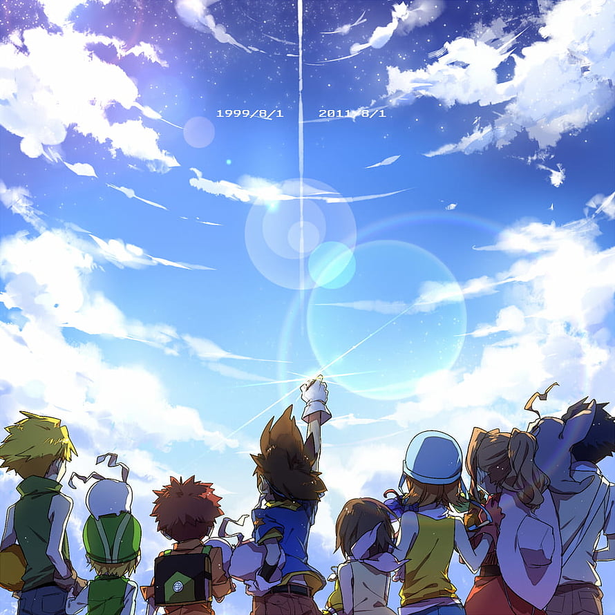 Digimon Adventure Characters Gazing at a Bright Sky with a Central Beam of Light HD phone wallpaper