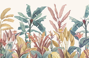 Muted Pastel Tropical Botanical Illustration with Banana Leaves and Exotic Flowers HD wallpaper
