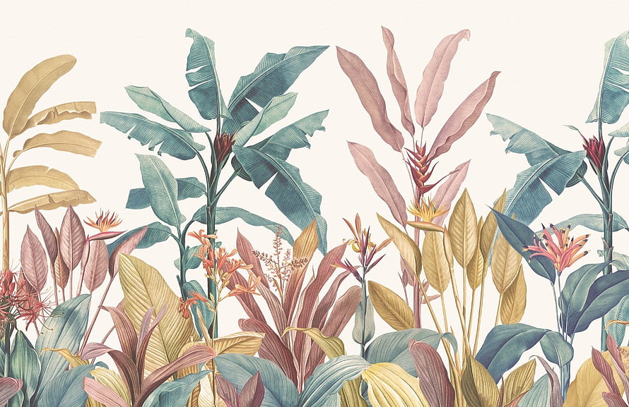 Muted Pastel Tropical Botanical Illustration with Banana Leaves and Exotic Flowers HD wallpaper