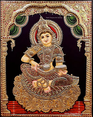 Traditional Tanjore Painting of Goddess Saraswati Playing Veena in Ornate Gold Frame HD phone wallpaper